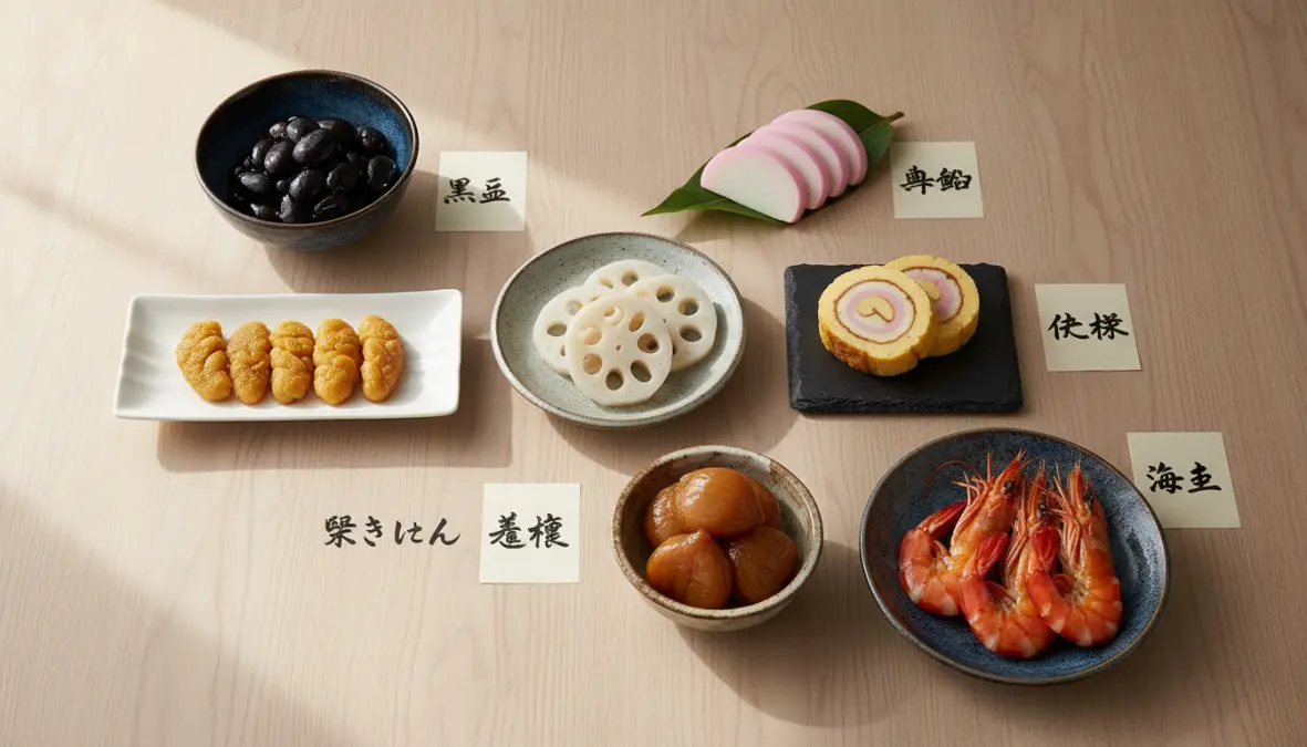 Individual osechi dishes showing symbolic Japanese New Year food ingredients and their traditional preparation