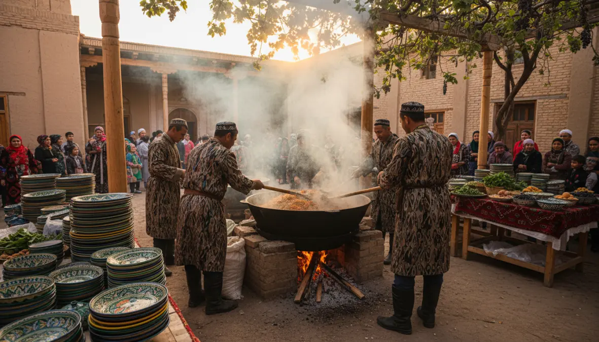 Traditional communal plov cooking celebration in Central Asia with kazan pot over fire