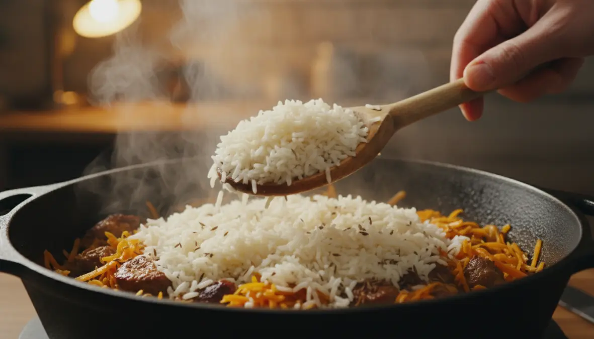 Authentic Central Asian plov cooking technique showing rice layering over zirvak base