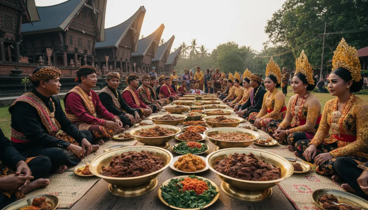 Traditional Minangkabau ceremonial gathering in West Sumatra featuring rendang as the centerpiece dish, showcasing the cultural significance of this Indonesian heritage food