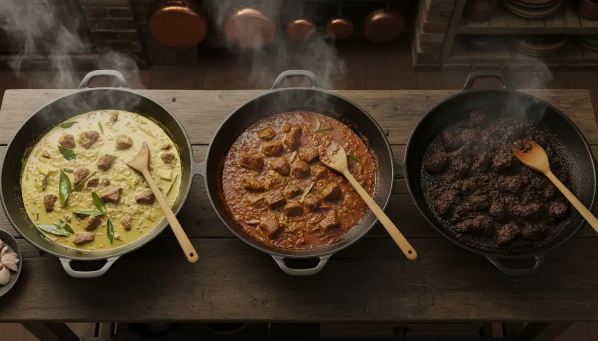 The transformation stages of rendang cooking method from wet kalio to dry rendang, illustrating the traditional slow-cooking process and caramelization