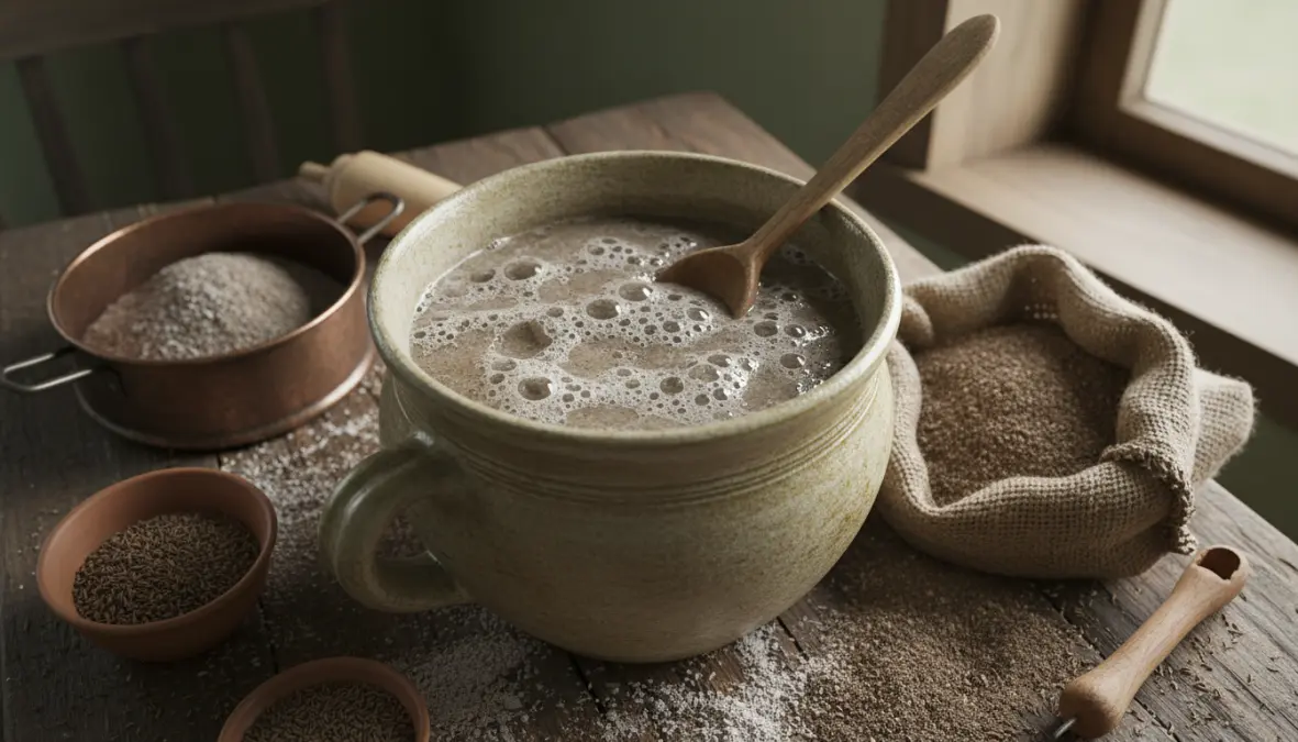 Lithuanian sourdough rye bread starter in traditional ceramic crock showing fermentation process