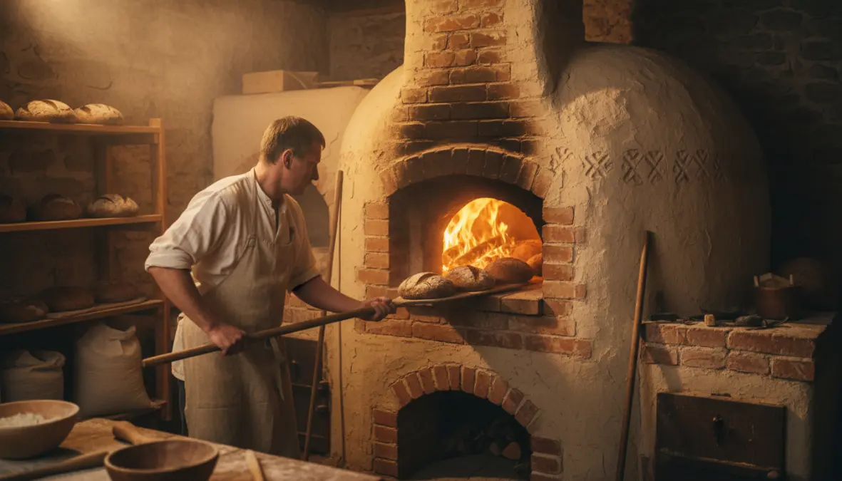 Traditional wood-fired oven used for baking authentic Lithuanian black bread using ancient techniques