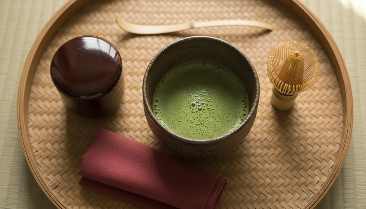 Traditional matcha ceremony tools including chawan bowl, chasen bamboo whisk and tea utensils