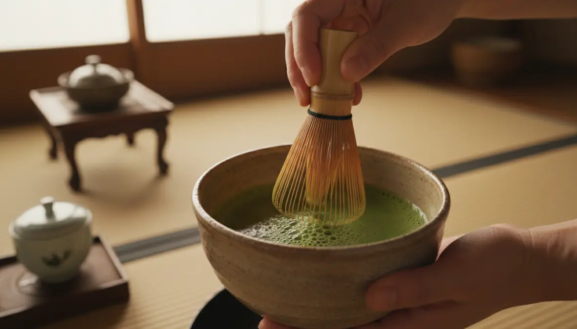 Matcha preparation technique showing proper whisking method with chasen in traditional tea ceremony