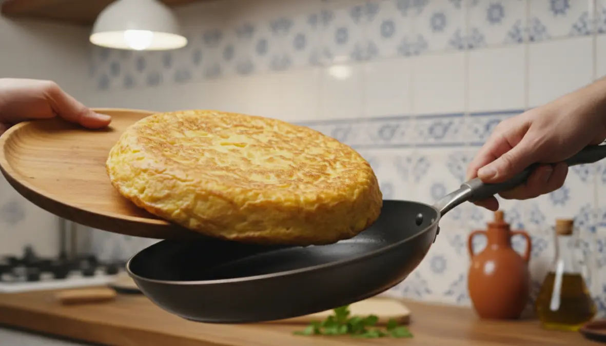 Traditional Spanish tortilla flip technique in authentic pan