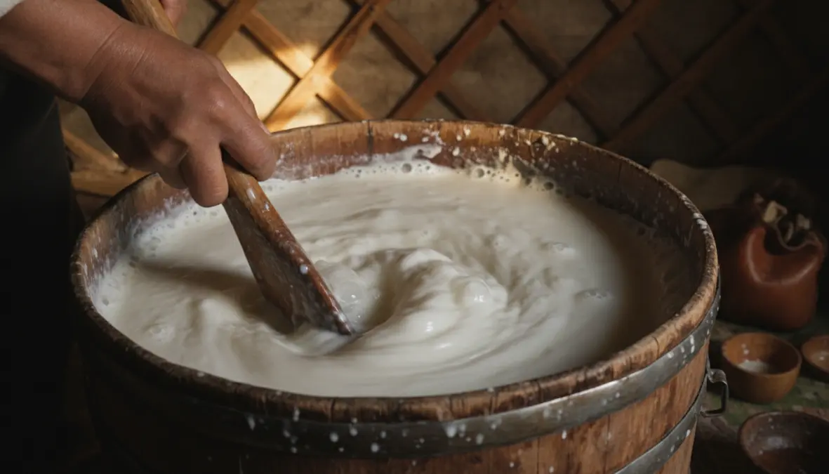 Traditional airag fermentation process with wooden paddle stirring fermented mare's milk in Mongolia