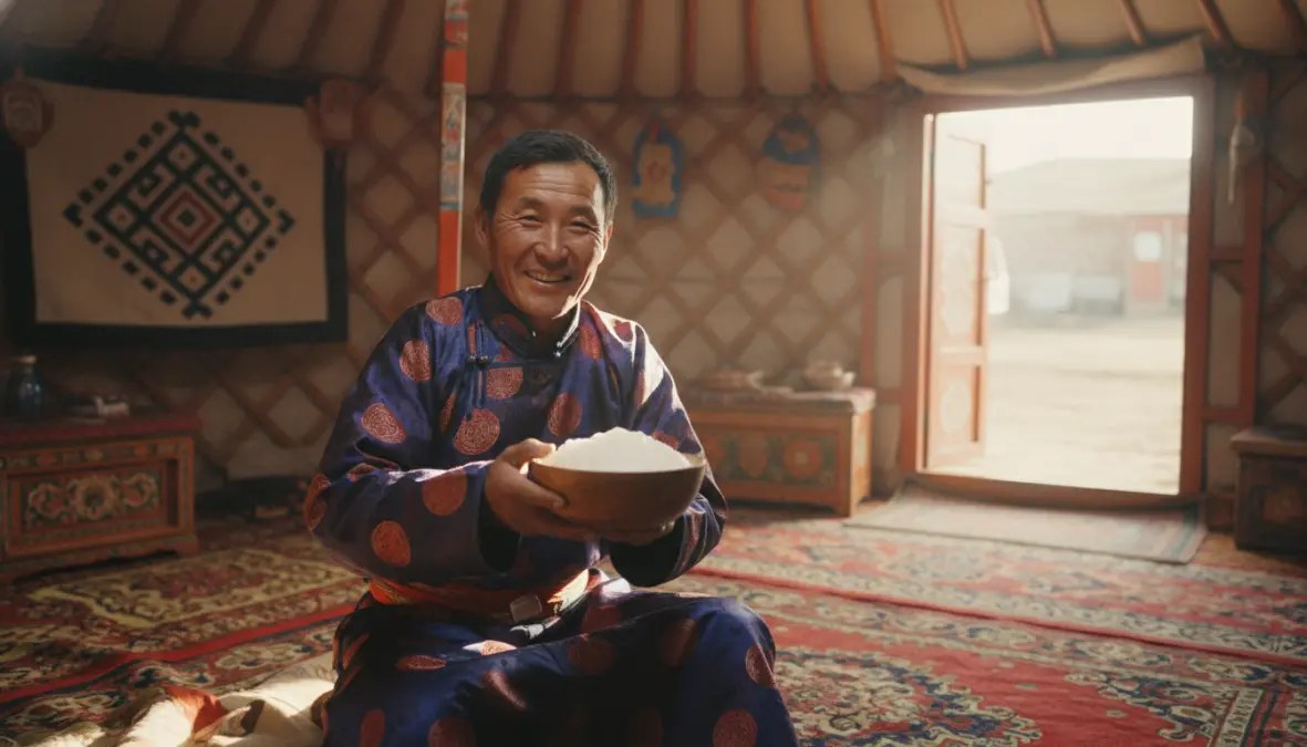 Mongolian herder offering bowl of airag demonstrating traditional hospitality customs in nomadic culture