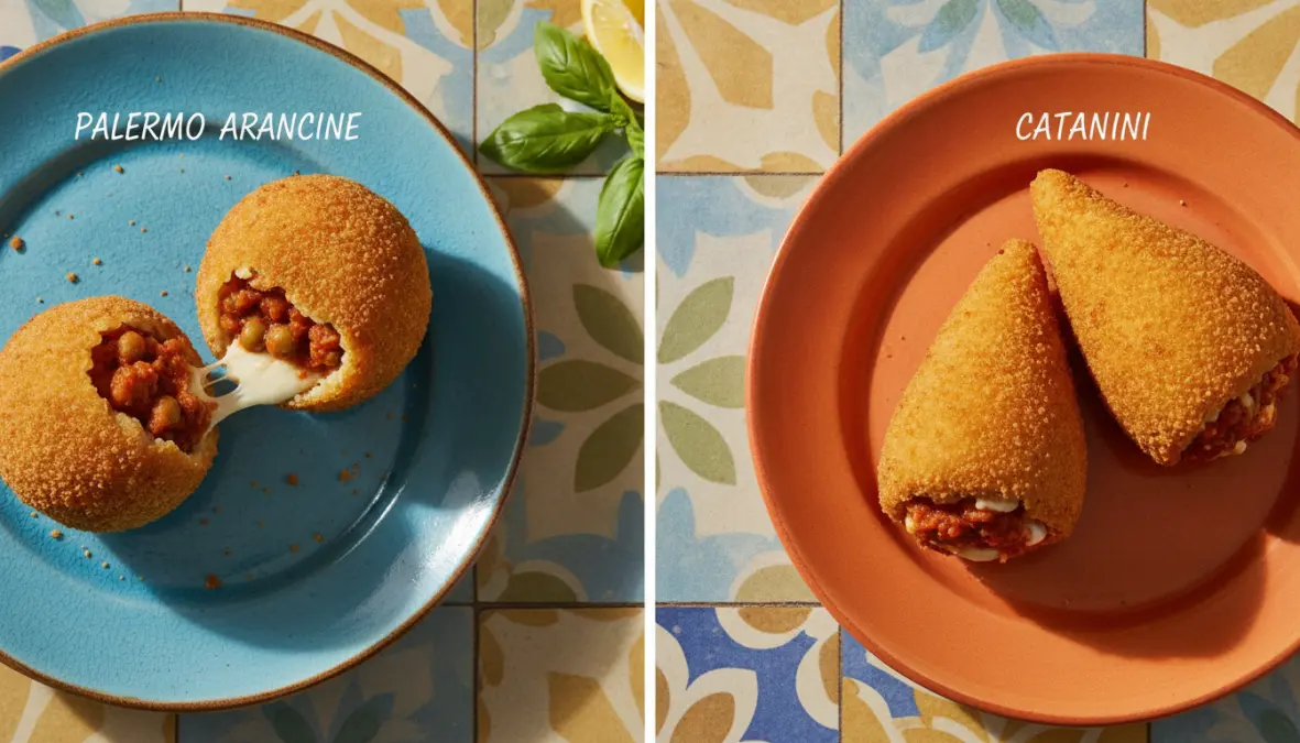 Comparison between Palermo arancine and Catania arancini showing regional differences in traditional arancini Sicily