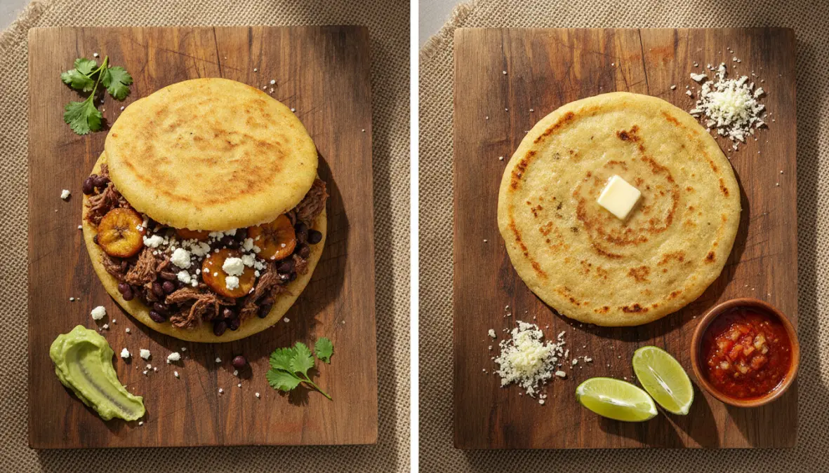 Comparison showing difference between thick Venezuelan arepas and thin Colombian arepas traditional styles