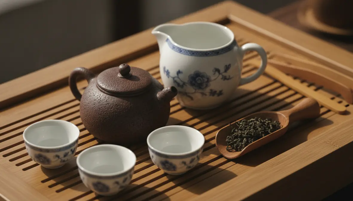 Chinese tea ceremony utensils including traditional teapot and ceremonial tea preparation tools