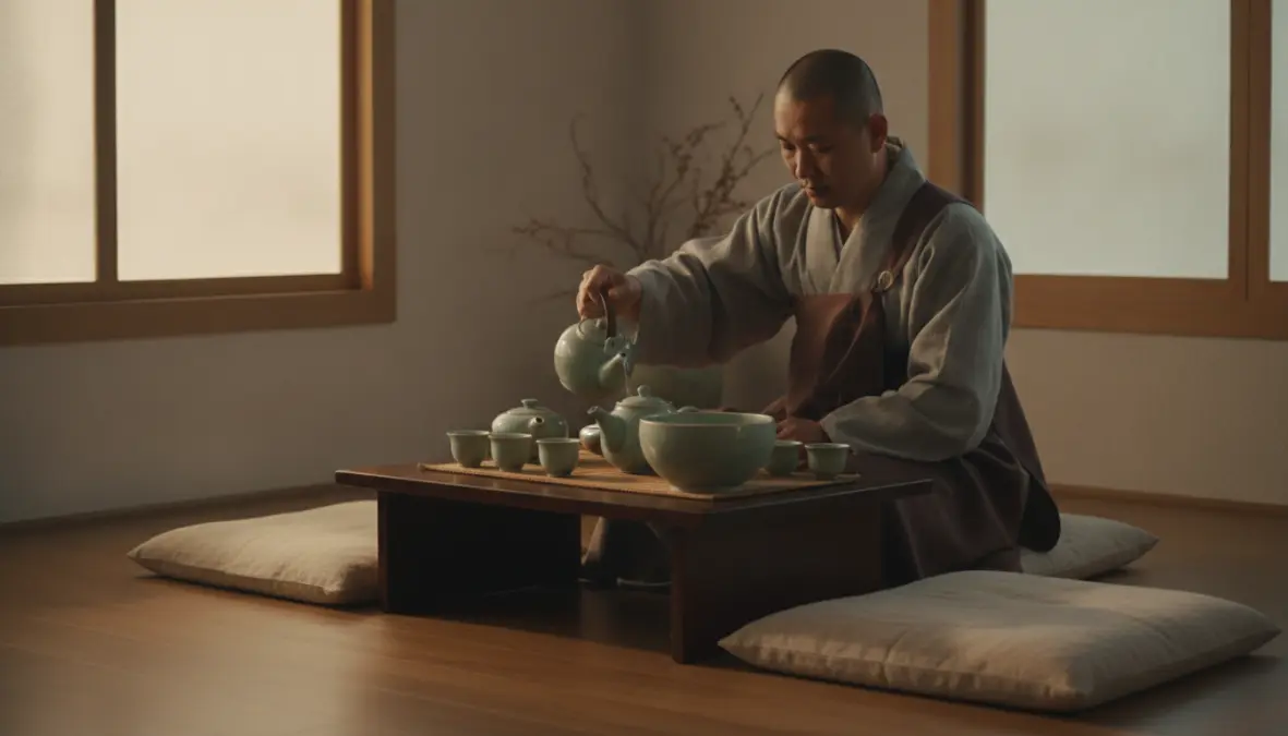 Korean darye tea ceremony in traditional temple setting with celadon teaware and meditation atmosphere