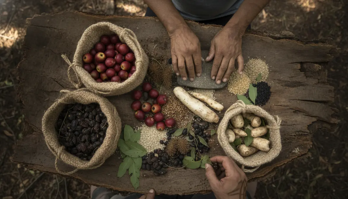 Traditional aboriginal food culture showing bush tucker plants and indigenous food gathering methods