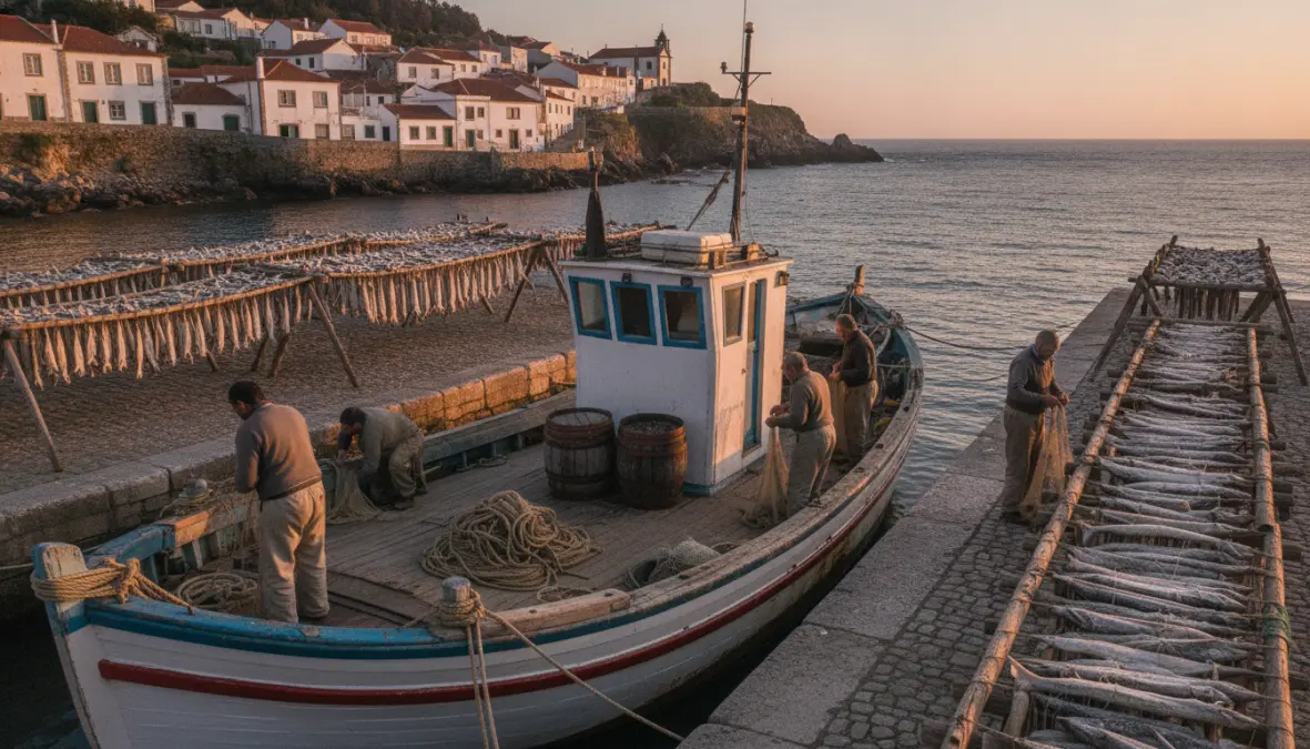 Portuguese fishing boat and salt cod drying racks showing bacalhau maritime history and cod fishing traditions
