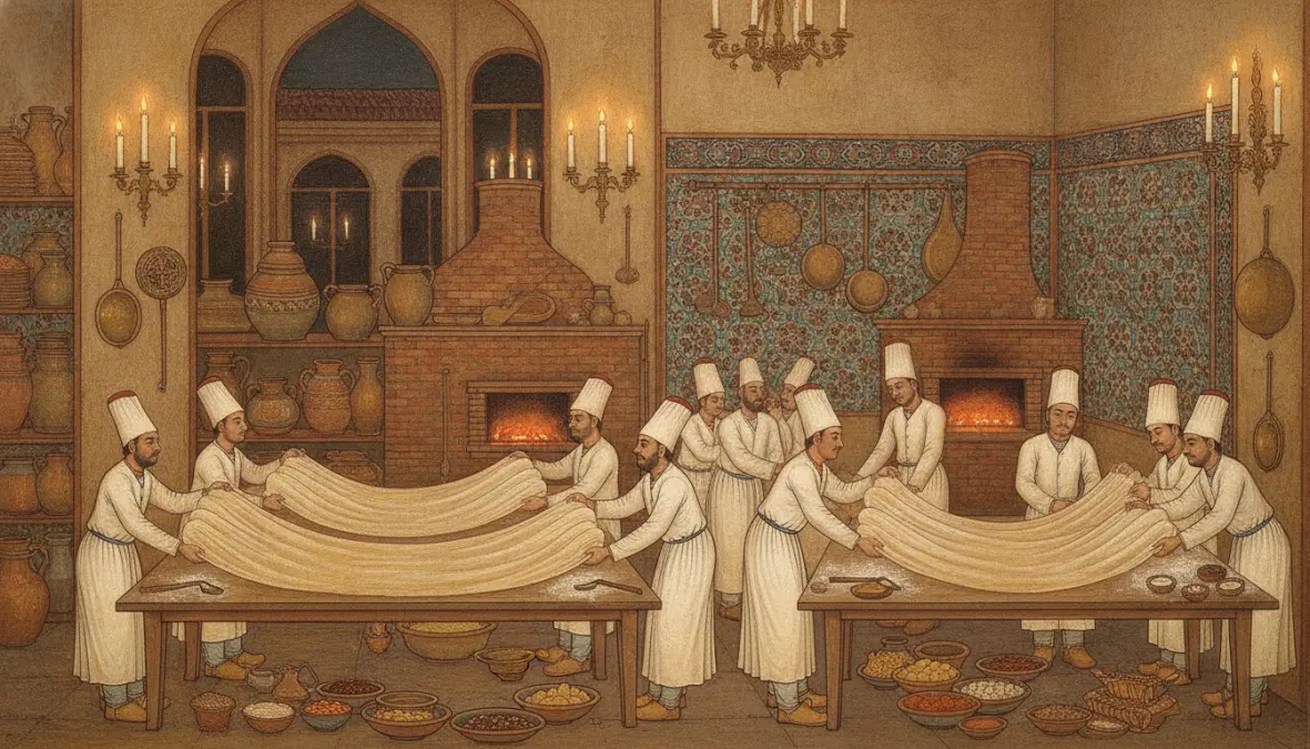 Ottoman palace kitchen with chefs making traditional baklava showing turkish baklava history