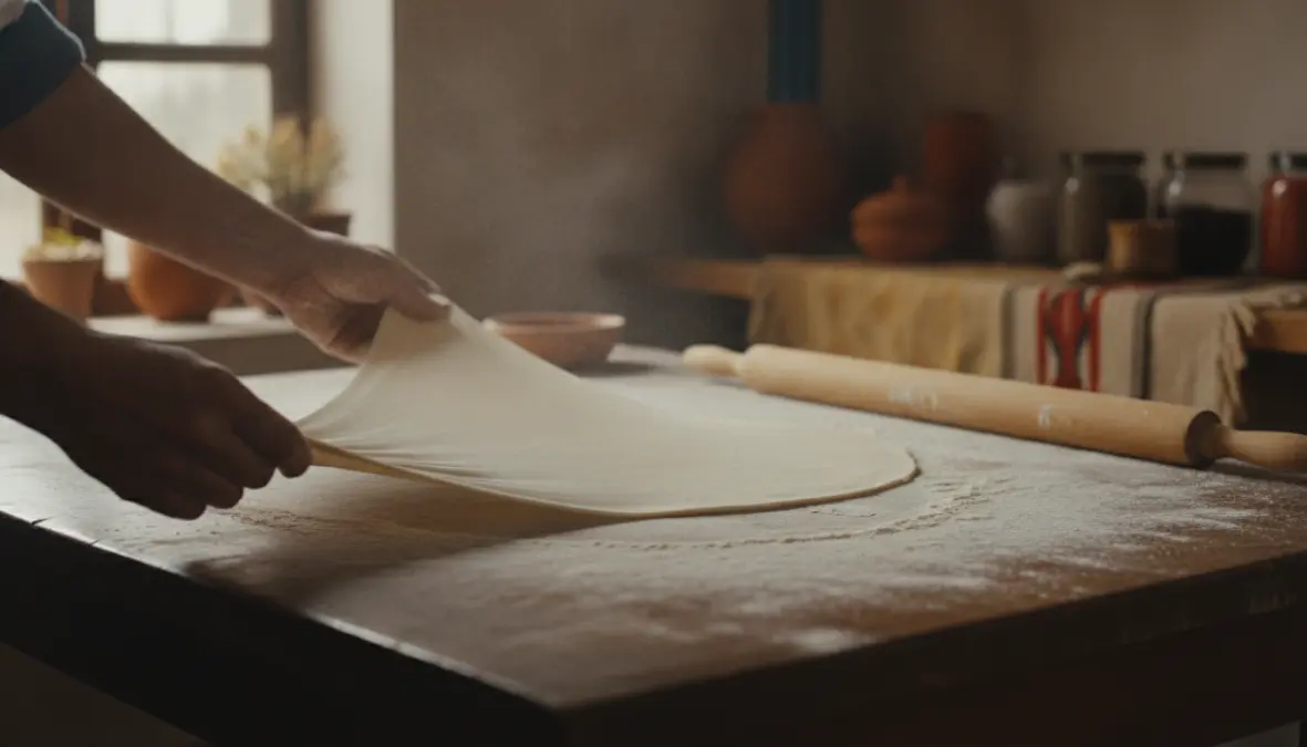 Traditional phyllo dough stretching technique showing Ottoman pastry making innovation