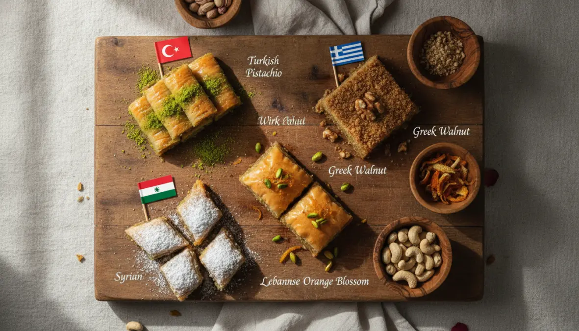 Regional variations of baklava from former Ottoman Empire territories showing Levantine cuisine diversity