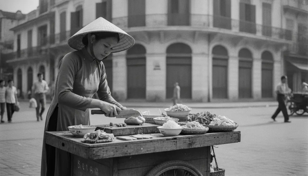 Vintage scene of Vietnamese street vendors selling banh mi in Saigon during post-colonial era showing banh mi sandwich origin