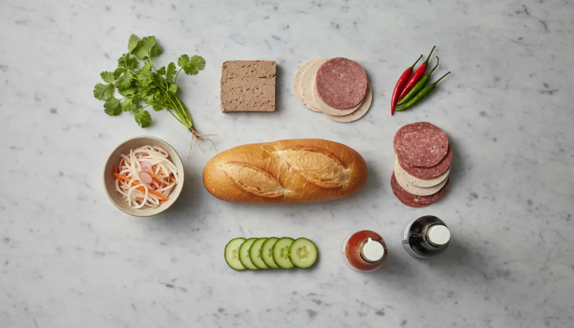 Banh mi sandwich ingredients showing Vietnamese and French culinary fusion components