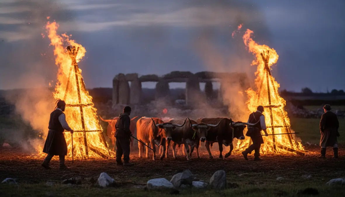 Celtic livestock blessing ceremony with cattle passing between Beltane bonfires for protection and purification