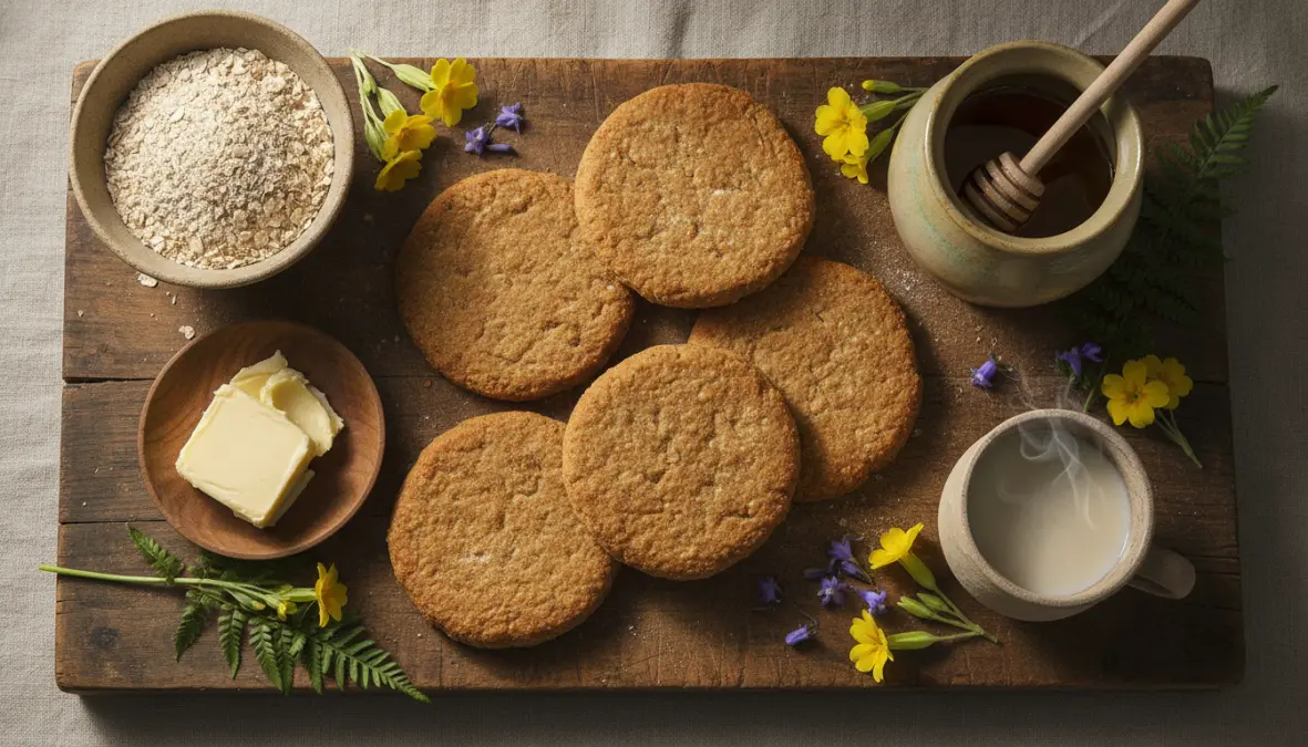 Traditional Celtic Beltane bannock oatcakes with ritual foods including dairy products, honey and caudle drink