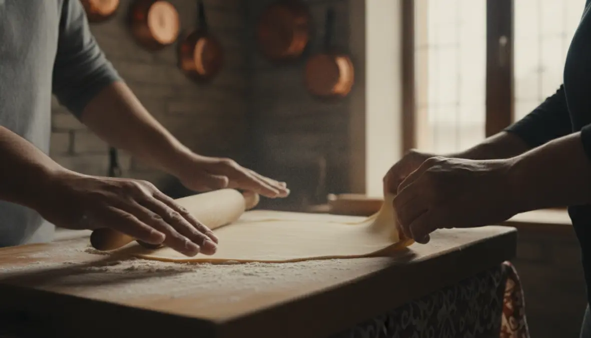 Traditional beshbarmak preparation with hands rolling homemade noodle dough