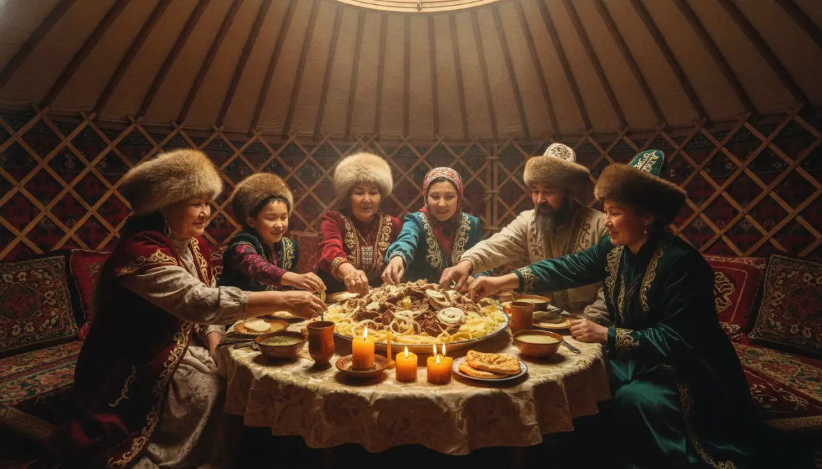 Kazakh family eating beshbarmak with five fingers in traditional yurt dining setting