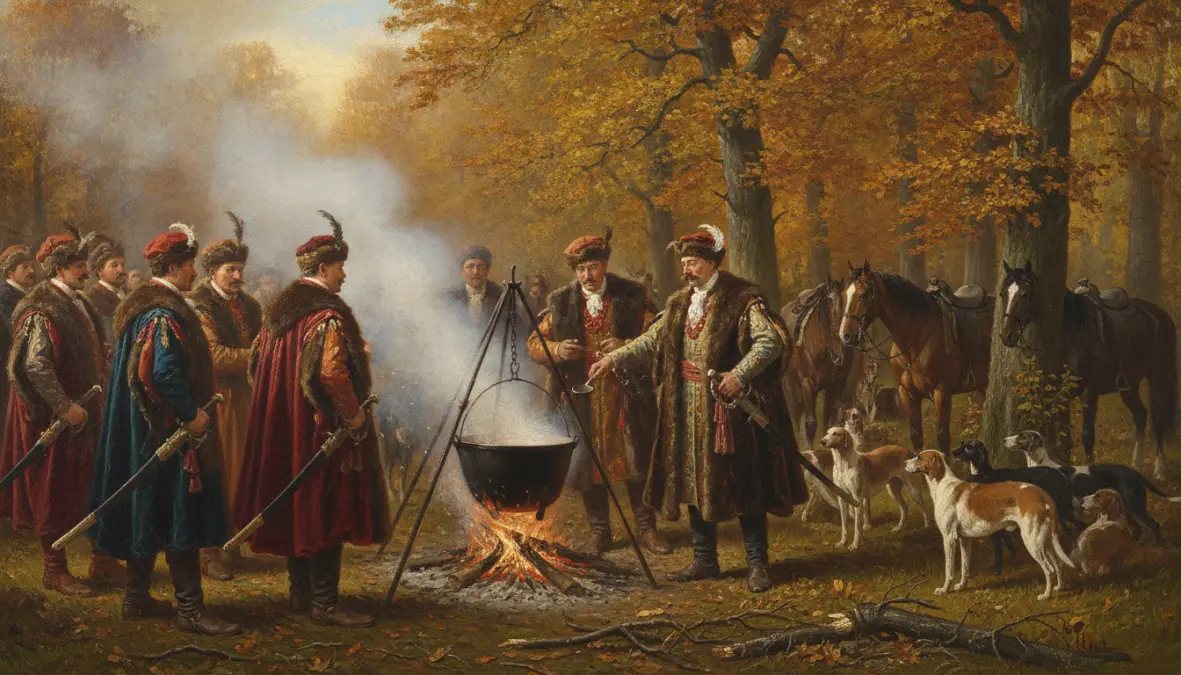 Historical Polish hunting party cooking bigos hunter's stew over campfire, showing cultural heritage and tradition
