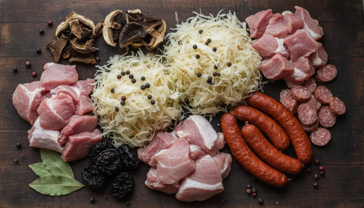 Traditional bigos recipe ingredients including sauerkraut, meats, mushrooms and spices for authentic Polish hunter's stew