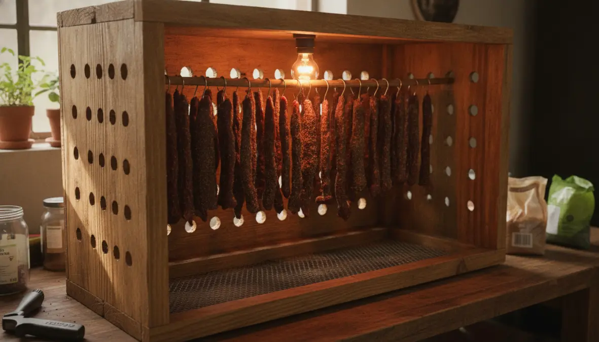 Homemade biltong curing in traditional wooden biltong box showing the air-drying preservation method