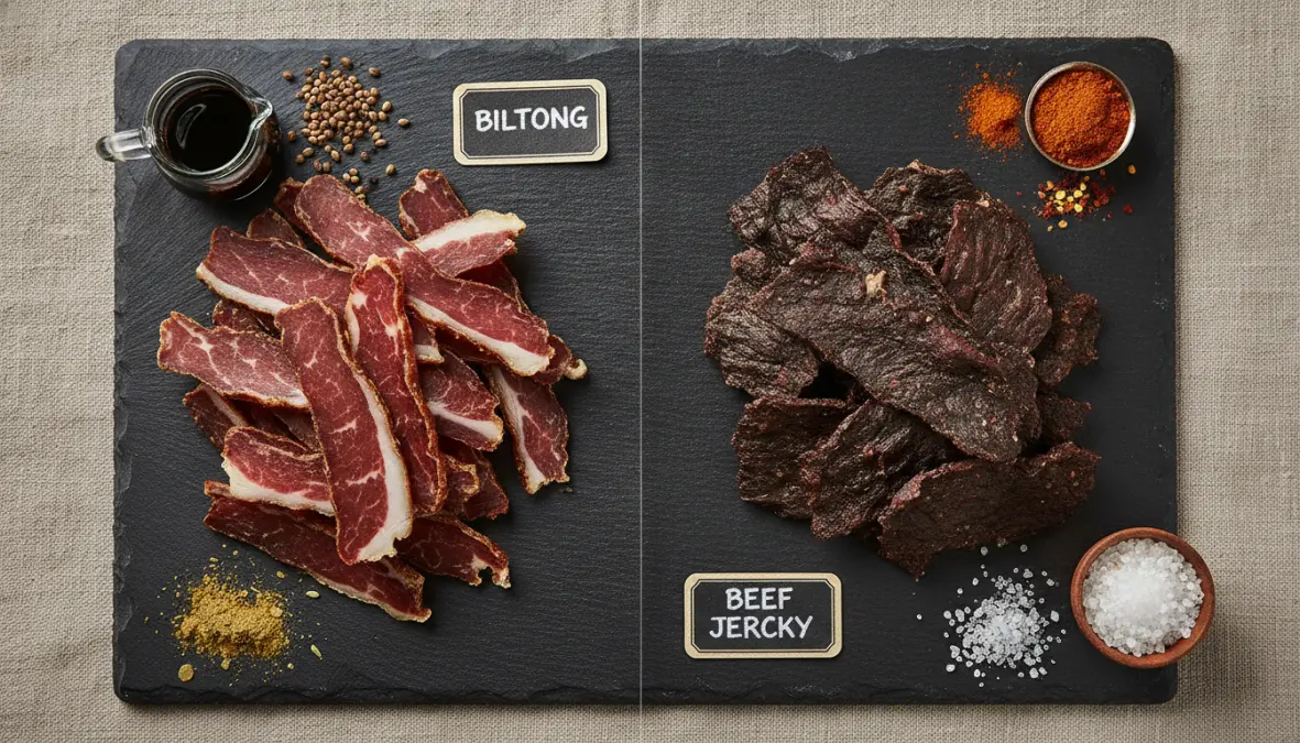 Visual comparison of biltong versus jerky showing differences in thickness, texture and traditional preparation styles