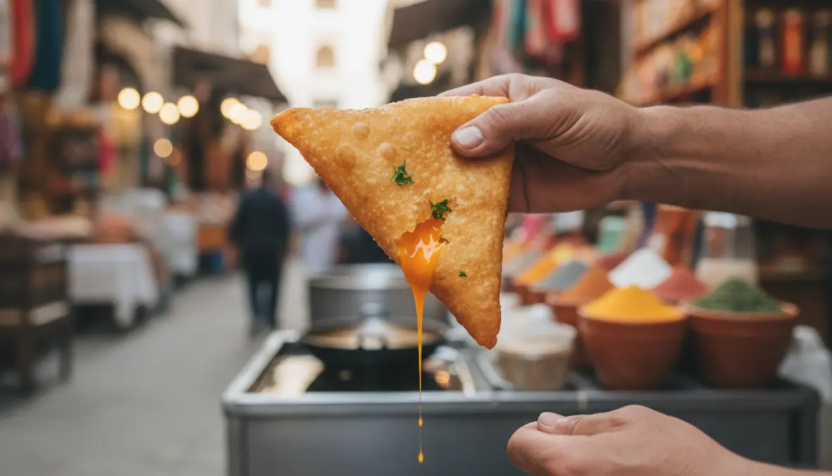 Traditional tunisian brik being eaten with hands showing runny egg yolk, authentic street food style