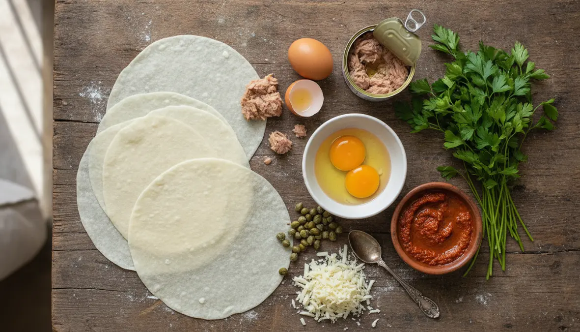 Ingredients for traditional tunisian brik recipe including malsouka dough, eggs, tuna, capers and harissa