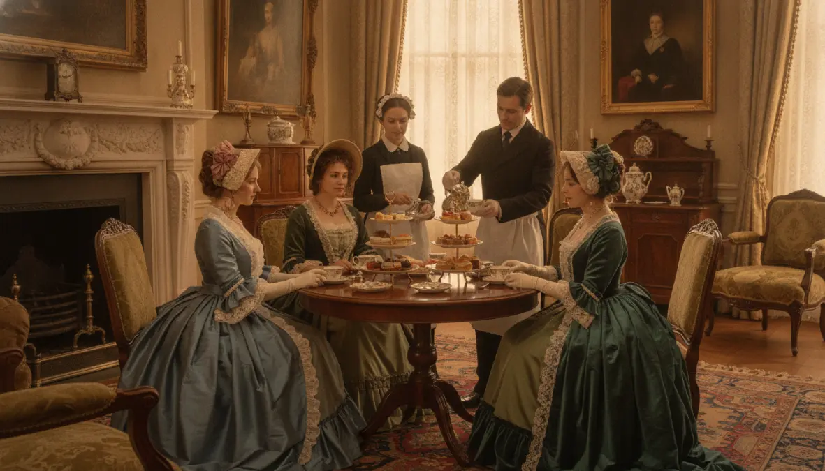 Victorian era afternoon tea party showing the origins of British tea tradition and etiquette