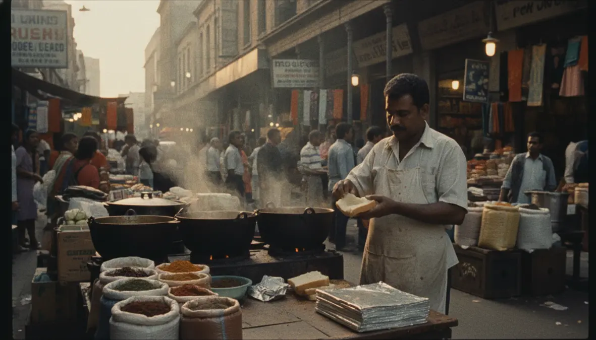 Indian South African street vendor preparing traditional bunny chow at Grey Street Durban market stall