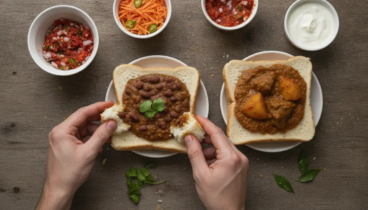 Traditional bunny chow recipe with curry fillings and accompaniments showing authentic Durban street food presentation
