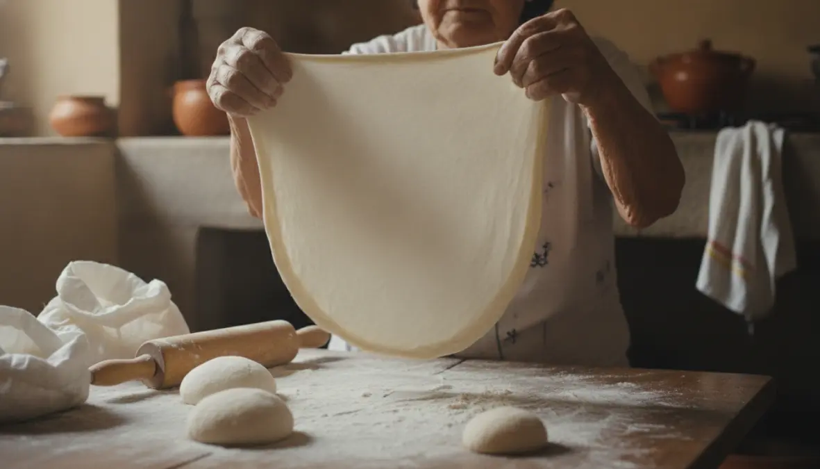 Traditional technique for stretching buñuelos dough paper-thin by hand
