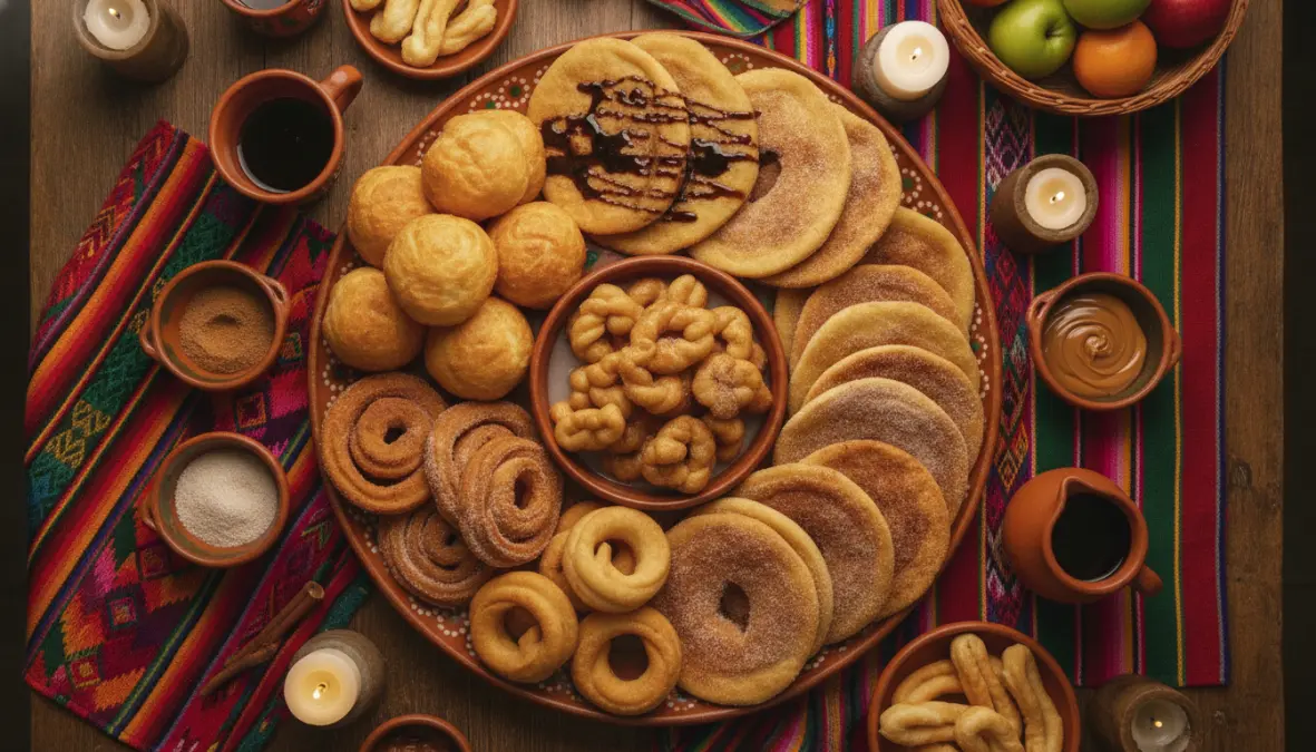 Regional variations of traditional buñuelos from across Latin America on festive platter
