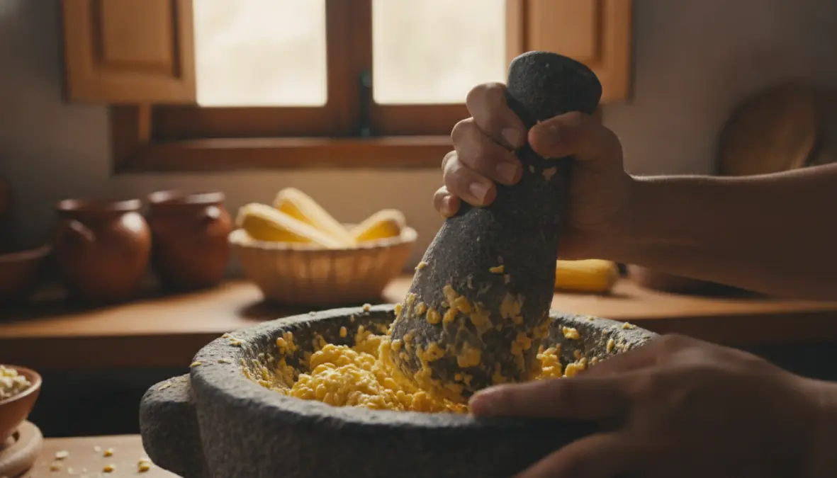 Fresh corn kernels being ground for traditional cachapa preparation showing authentic Venezuelan cooking methods