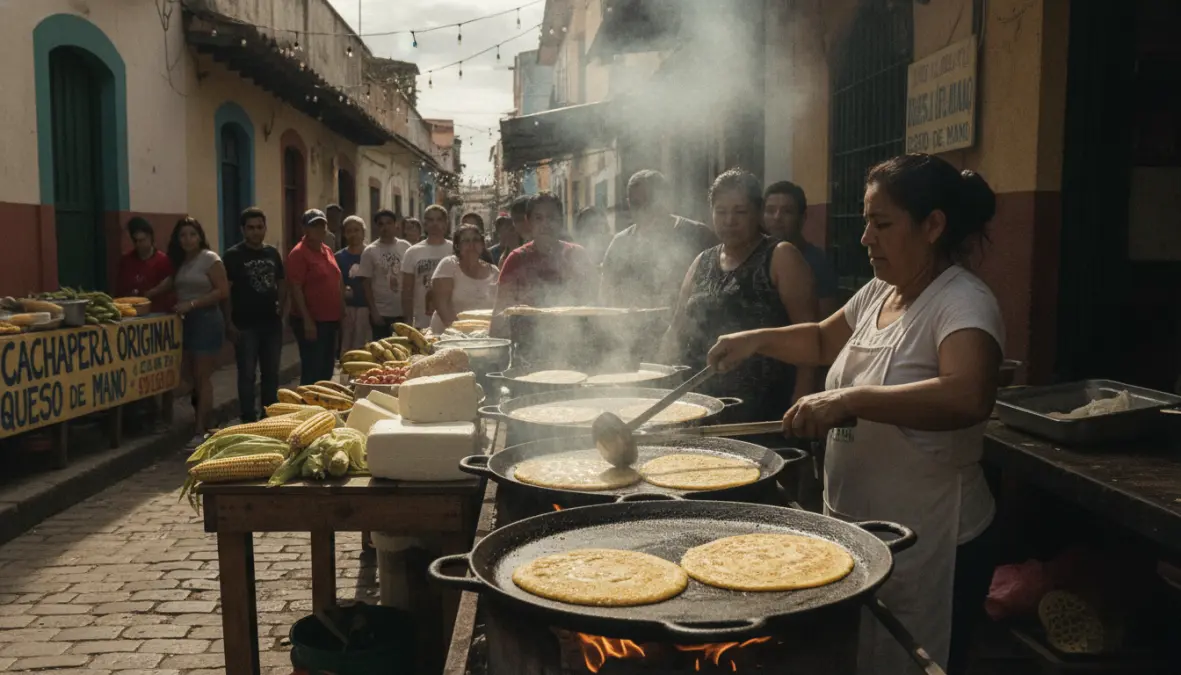 Venezuelan cachapera street vendor preparing cachapas on traditional budare griddles showcasing cachapa tradition