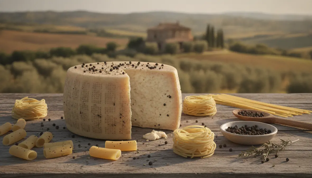 Traditional cacio e pepe ingredients: pecorino romano cheese, black pepper, and dried pasta from Roman tradition
