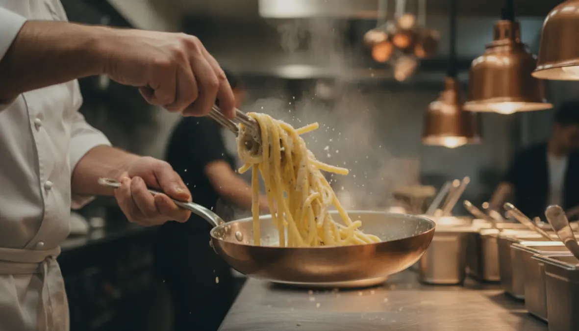 Chef preparing cacio e pepe using traditional mantecatura technique showing the creamy cheese emulsion