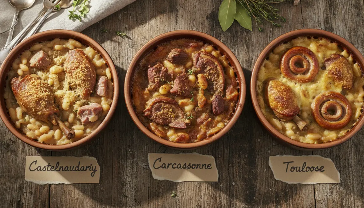 Three regional cassoulet variations from Castelnaudary, Carcassonne, and Toulouse showing different ingredients