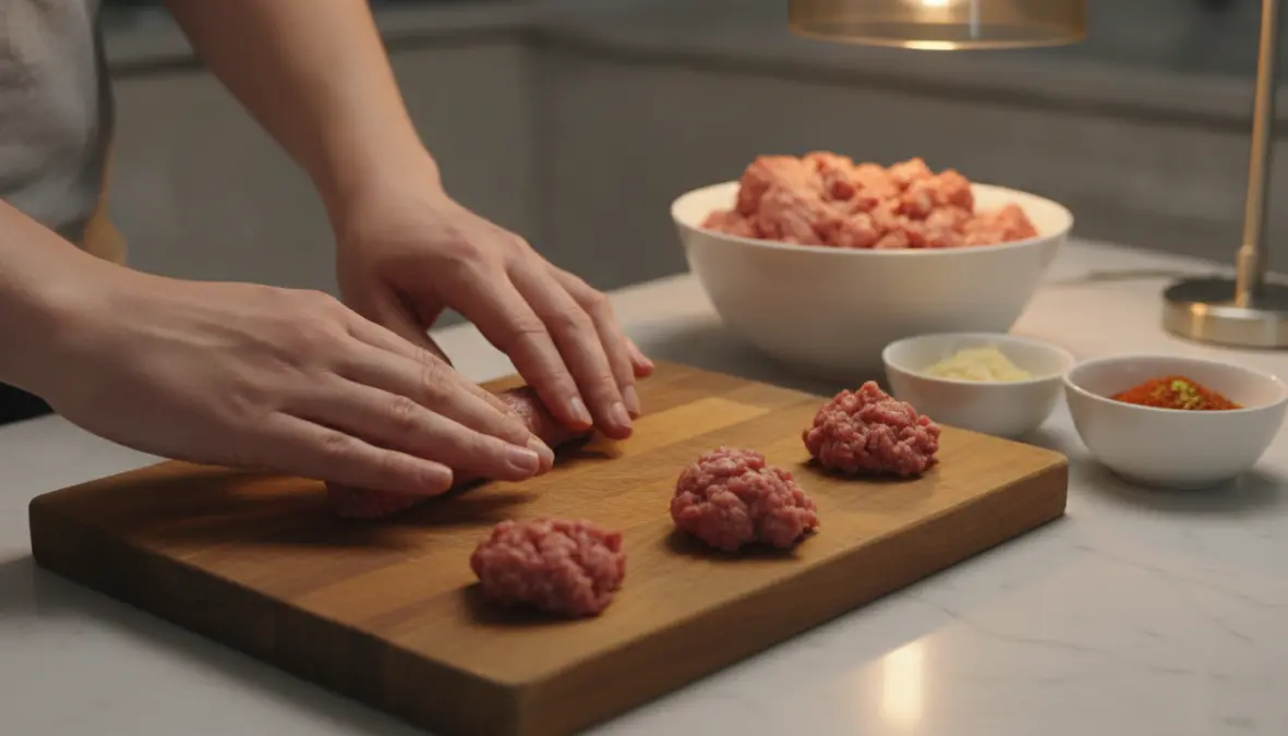 Making traditional cevapcici recipe at home, shaping minced meat sausages by hand