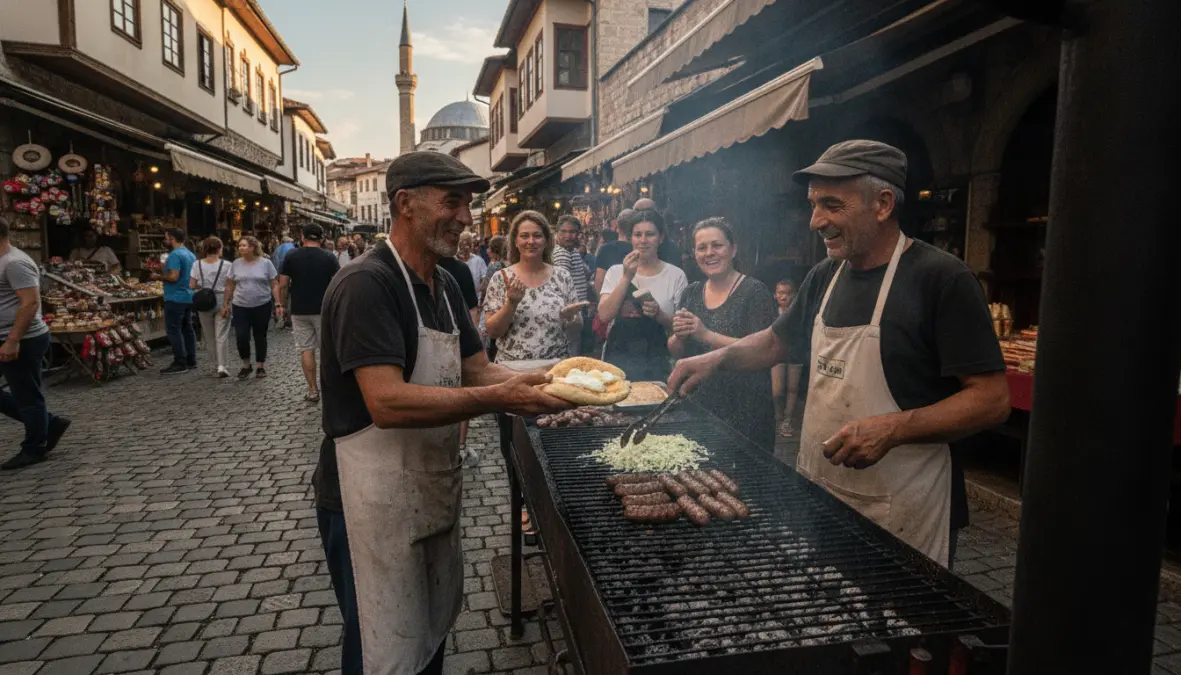 Balkan street food vendor serving traditional cevapi sausages in former Yugoslavia marketplace