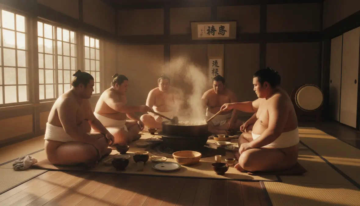 Sumo wrestlers eating chankonabe together in traditional sumo beya stable demonstrating communal dining tradition
