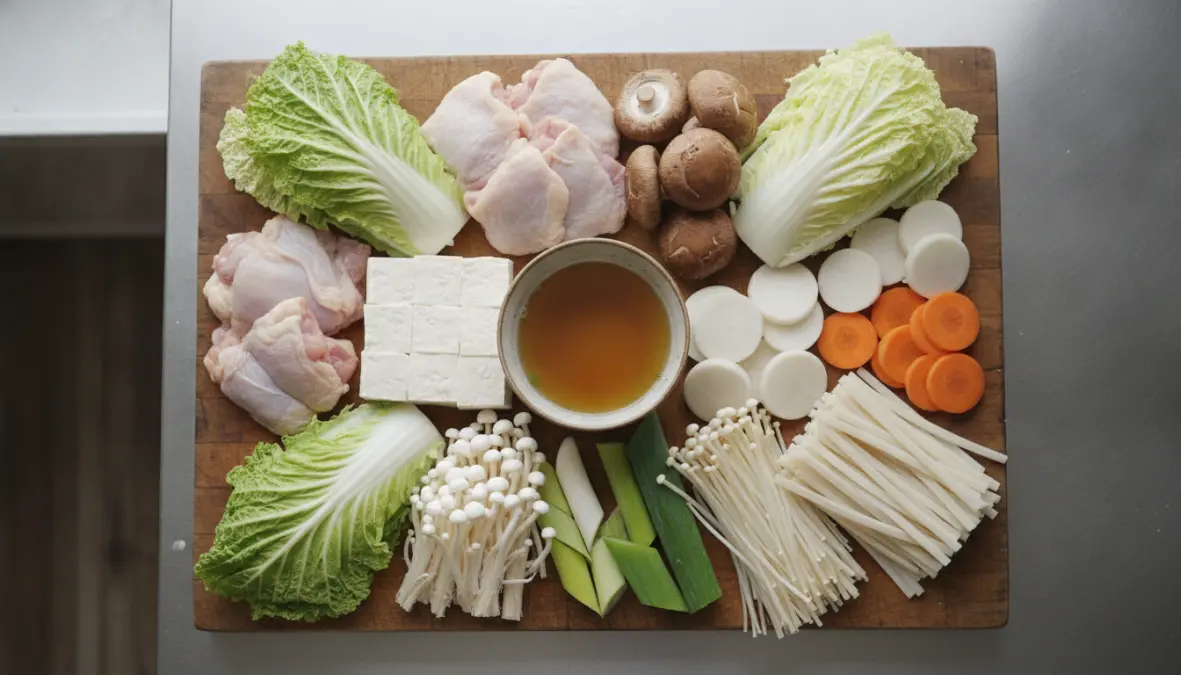 Chankonabe ingredients including chicken, tofu, vegetables, and dashi broth for authentic sumo wrestler recipe