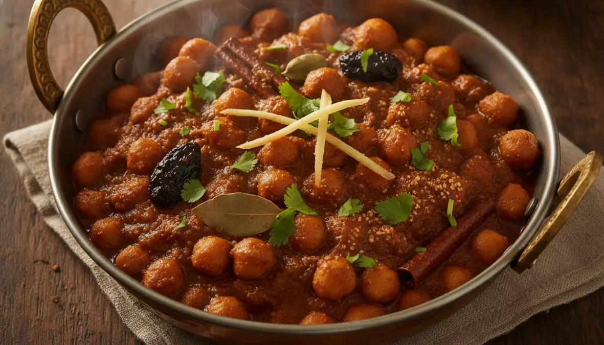 Traditional Punjabi masala chickpeas chole in authentic preparation showing dark spiced gravy and whole chickpeas