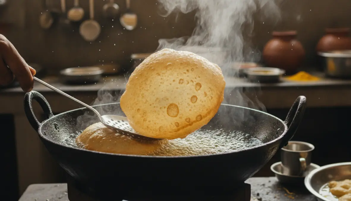 Bhature bread puffing during deep frying showing the traditional preparation method for authentic Punjabi chole bhature