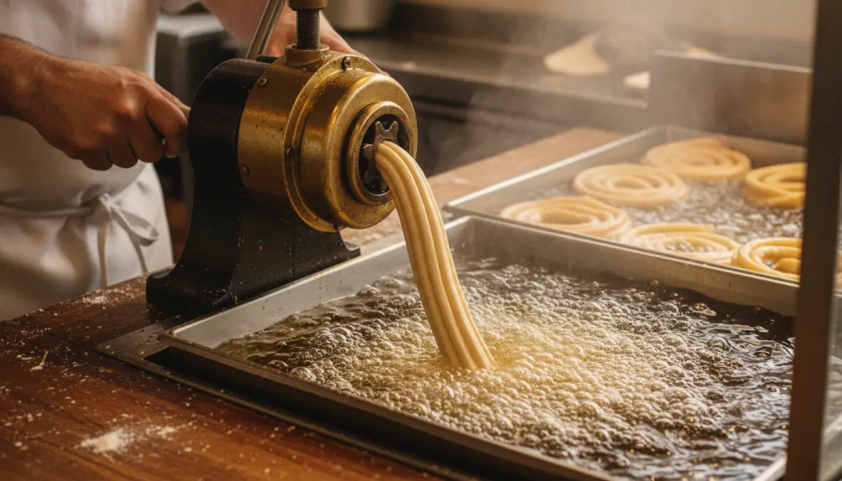 Traditional Spanish churros preparation method using churrera showing authentic churros traditional recipe